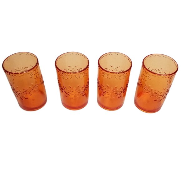 Vintage Plastic Dishes Set 4 Plates Tumblers Orange Embossed Scroll Boho Picnic - Picture 5 of 9